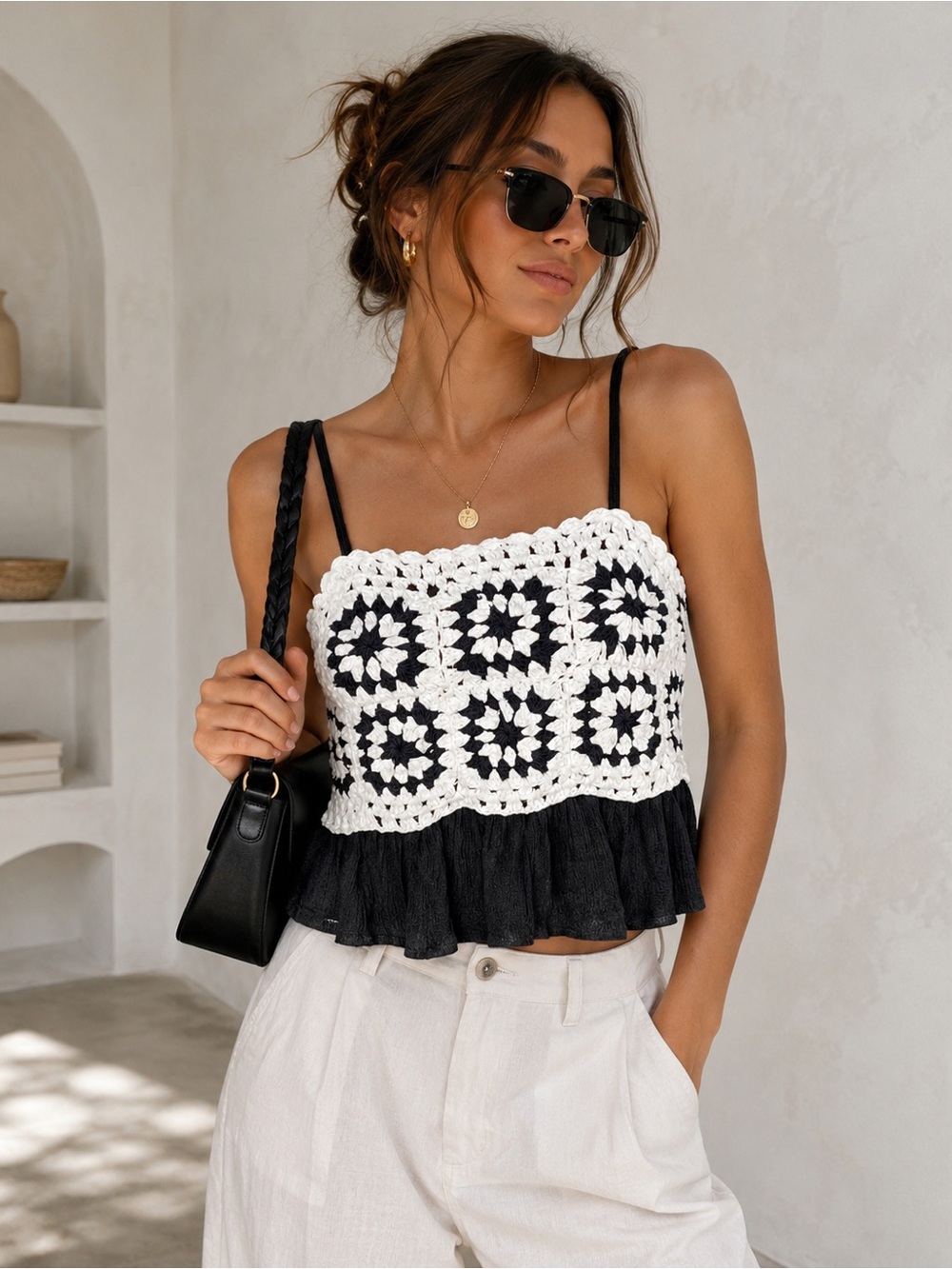 NWT Rebellion Again Black Ivory Crochet Peplum Crop Top Size S